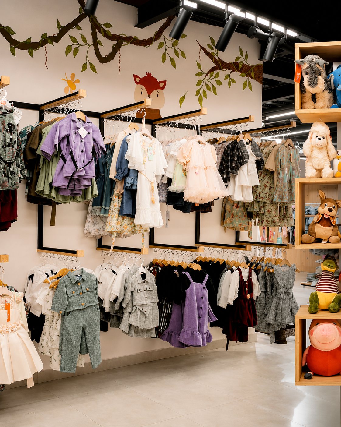 Layered children's outfits beside plush-filled wood cubbies and a painted fox mural