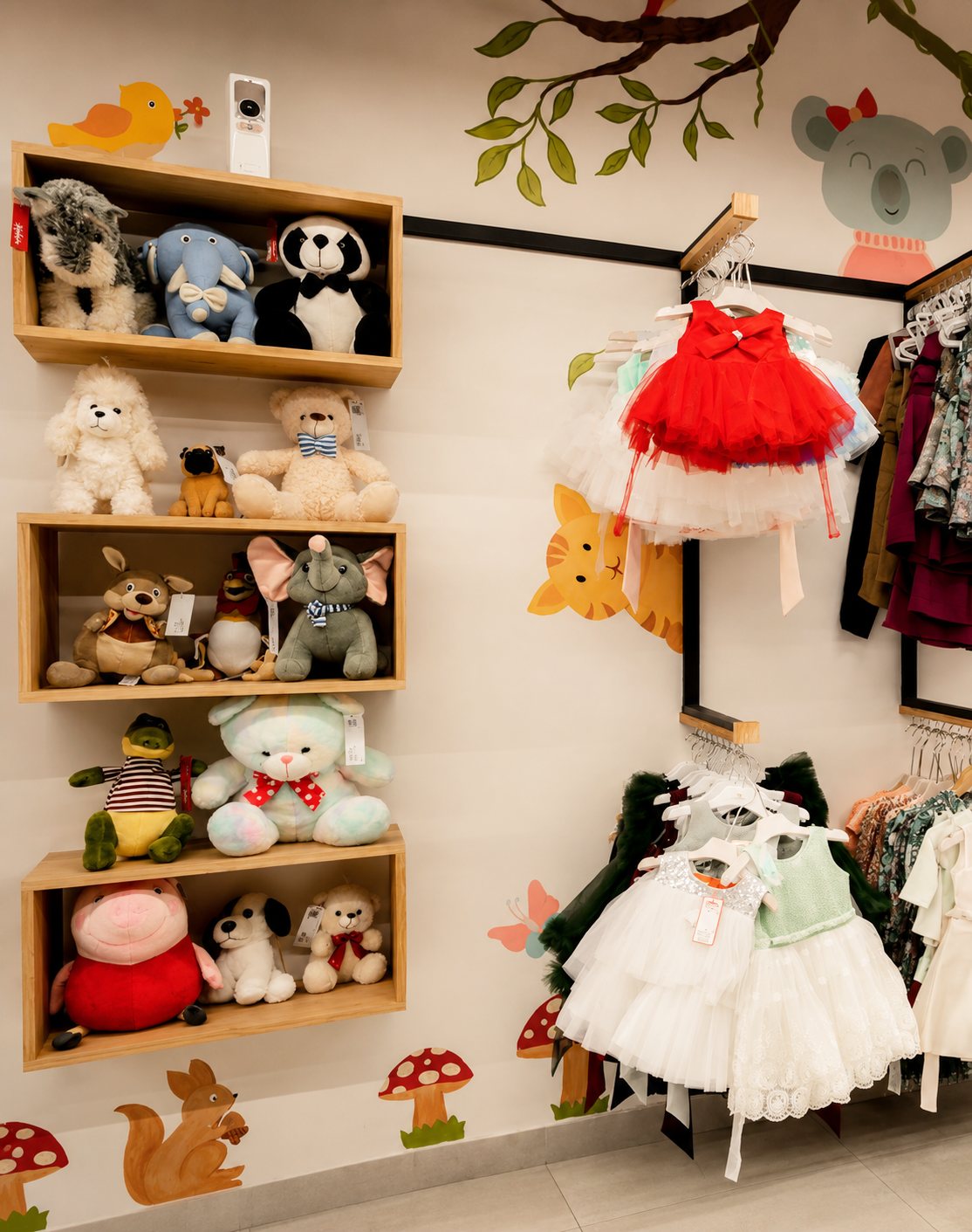 Plush toys in box shelves beside party dresses and squirrel-and-mushroom wall graphics