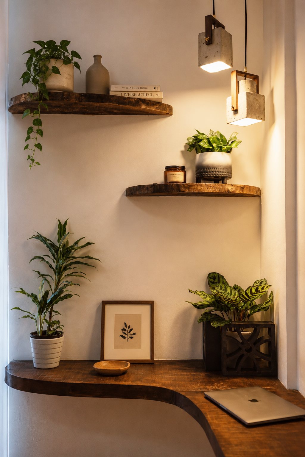 Small work nook with live-edge wood shelves, trailing plants and square pendant lights