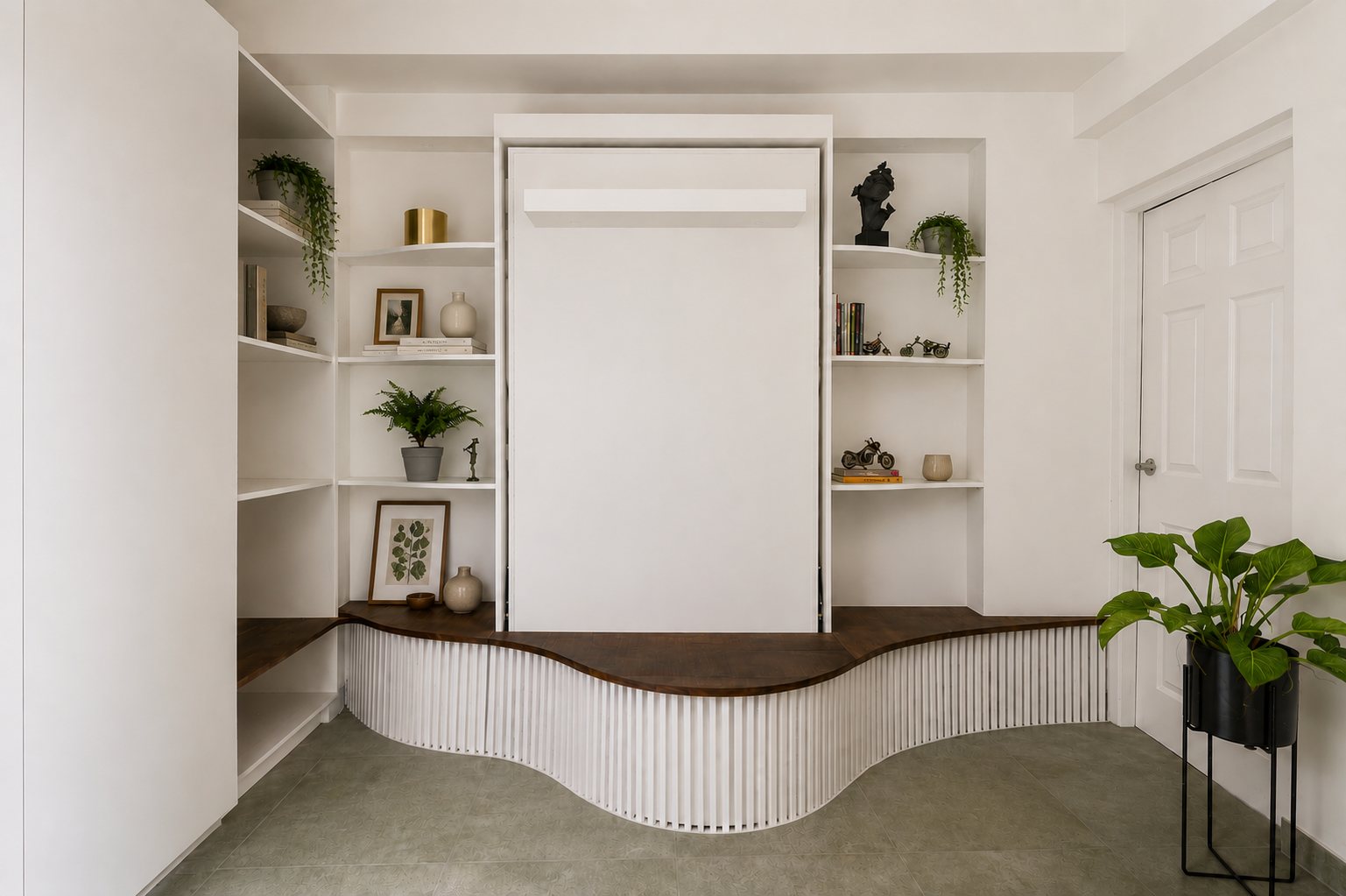 Closed wall bed integrated into white shelving above a curved dark-wood bench