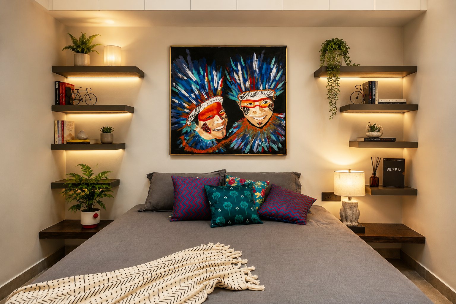 Gray bedroom with floating wood shelves and a colorful masked-figures painting above the bed