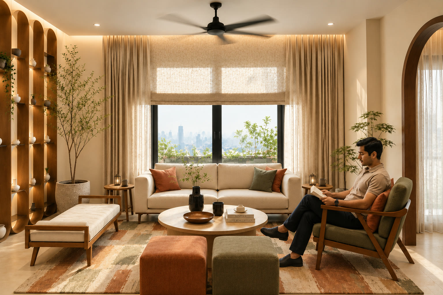 Cove lounge with warm timber screens and a garden view