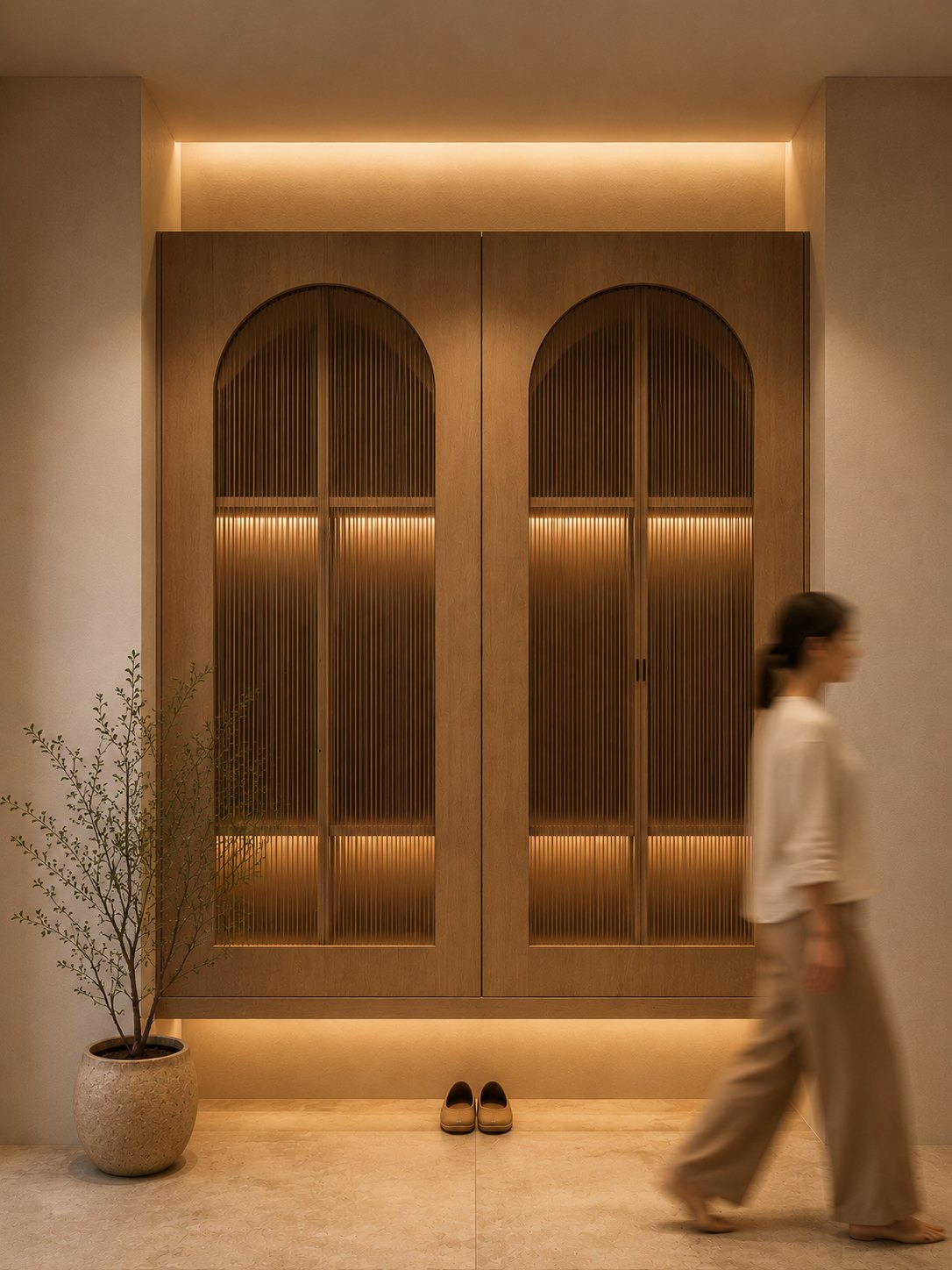 Cove hallway with paired arched doors and warm concealed lighting