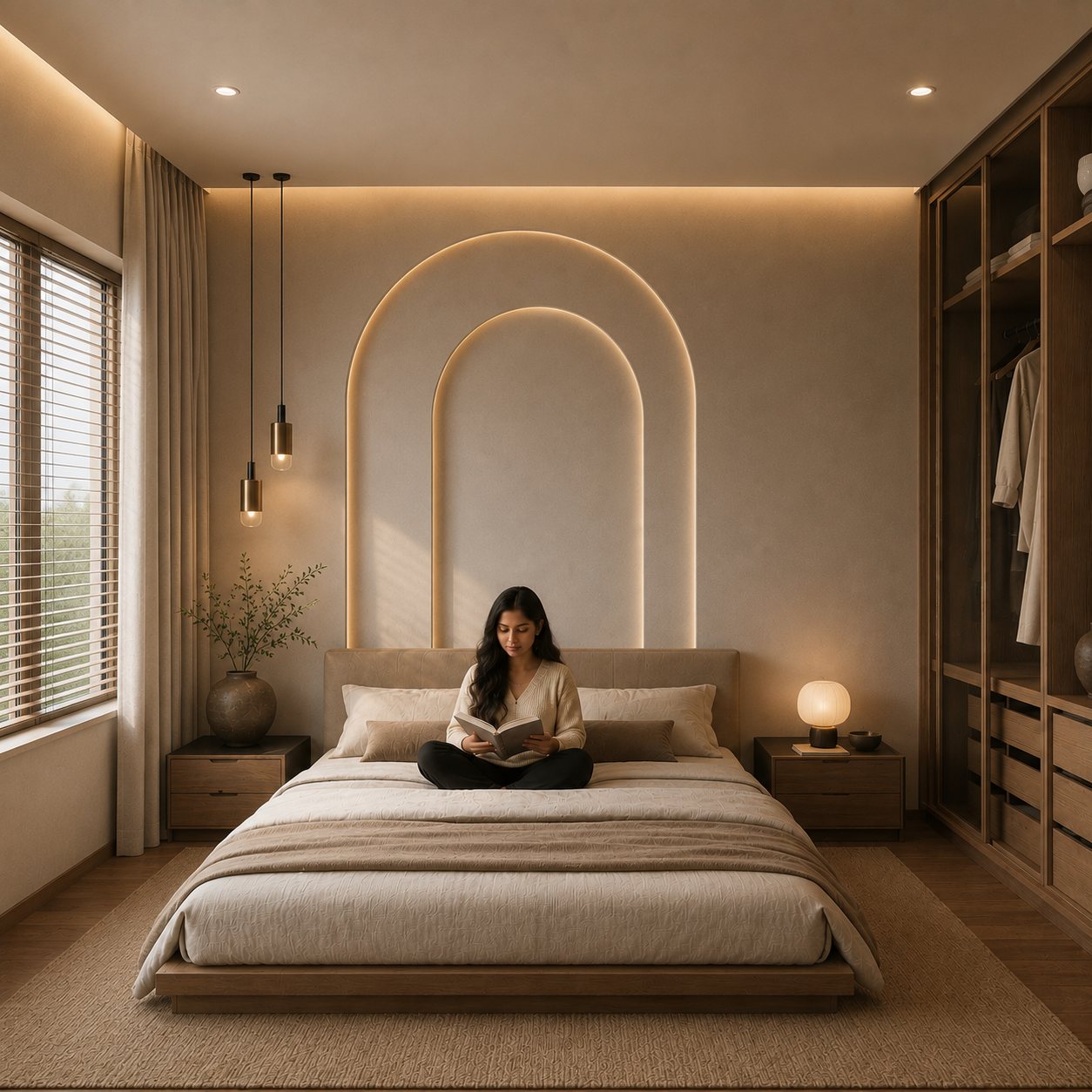 Neutral bedroom with nested illuminated arches behind the bed and a woman reading