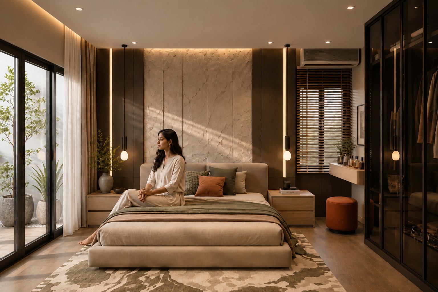 Bedroom with a marble-panel headboard, dark wardrobes and pendant lights beside garden glazing