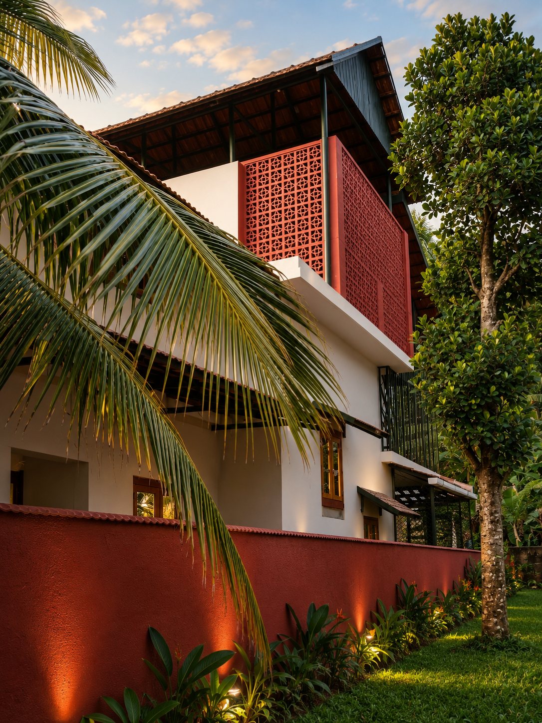 Two-storey white house with a red lattice balcony rising behind palms and a red boundary wall