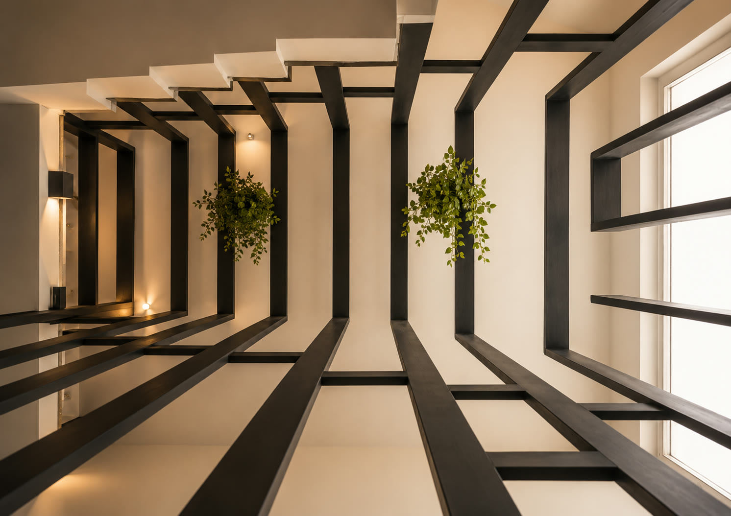 Graphic stair and corridor composition at Grand Casa