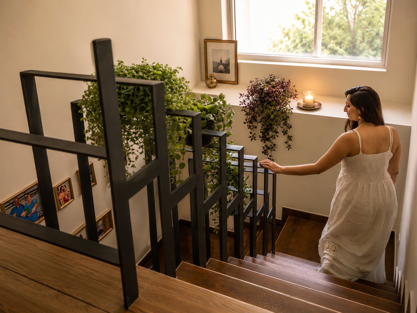 Grand Casa staircase with integrated planting and warm natural light