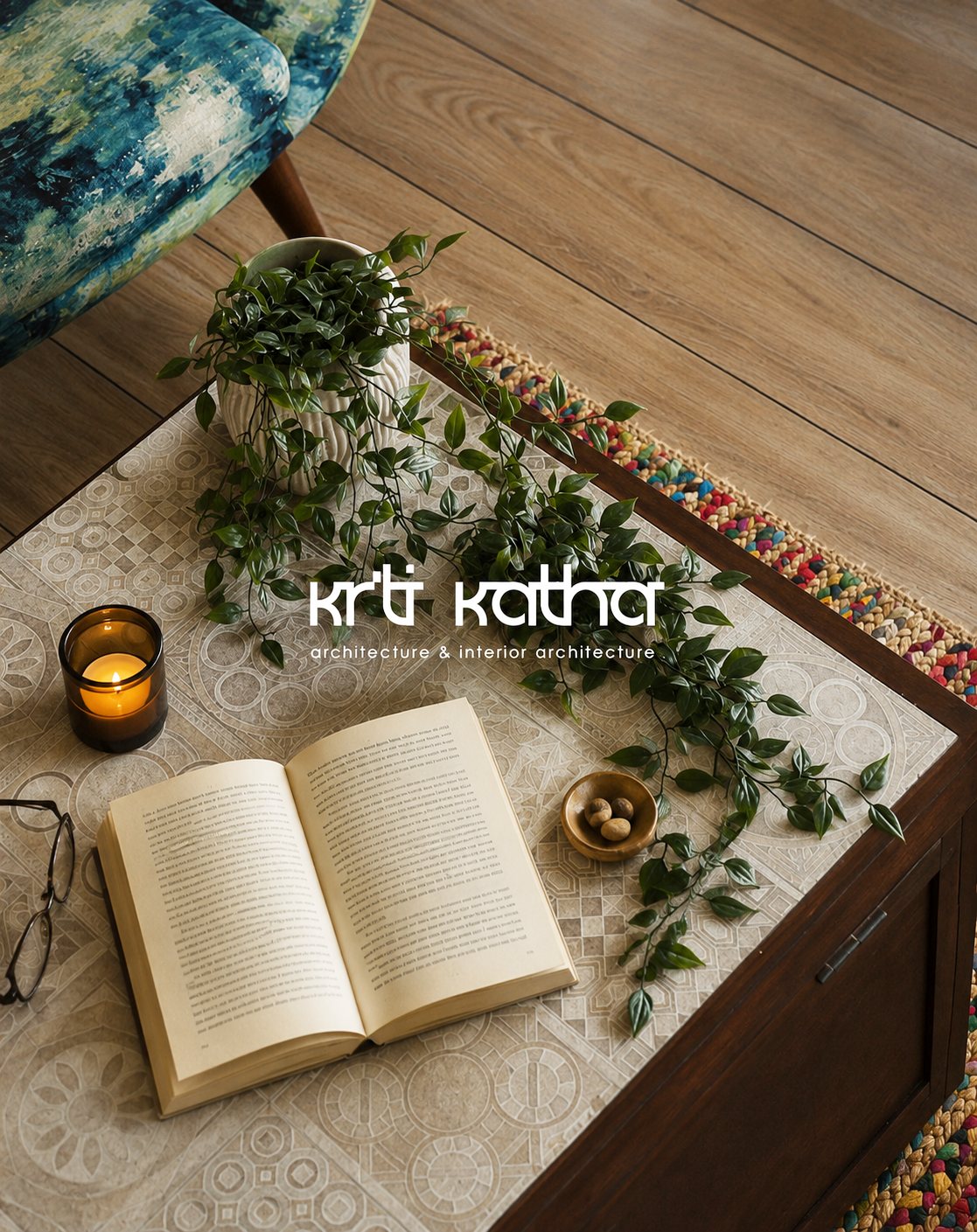 Open book, candle and trailing greenery arranged on a lace runner atop a wood coffee table