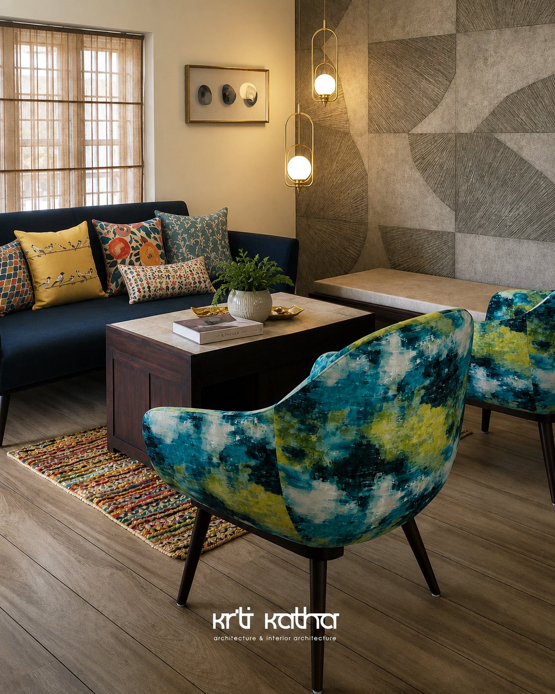 Angled living-room view across patterned armchairs to a blue sofa and textured wall