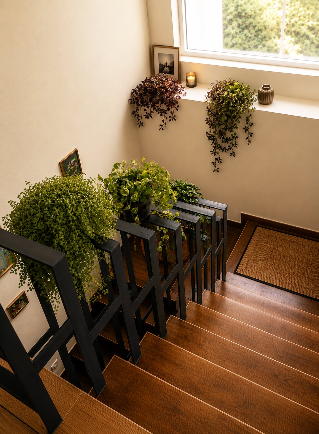 Top-down view of wood stairs bordered by geometric black railings and cascading plants