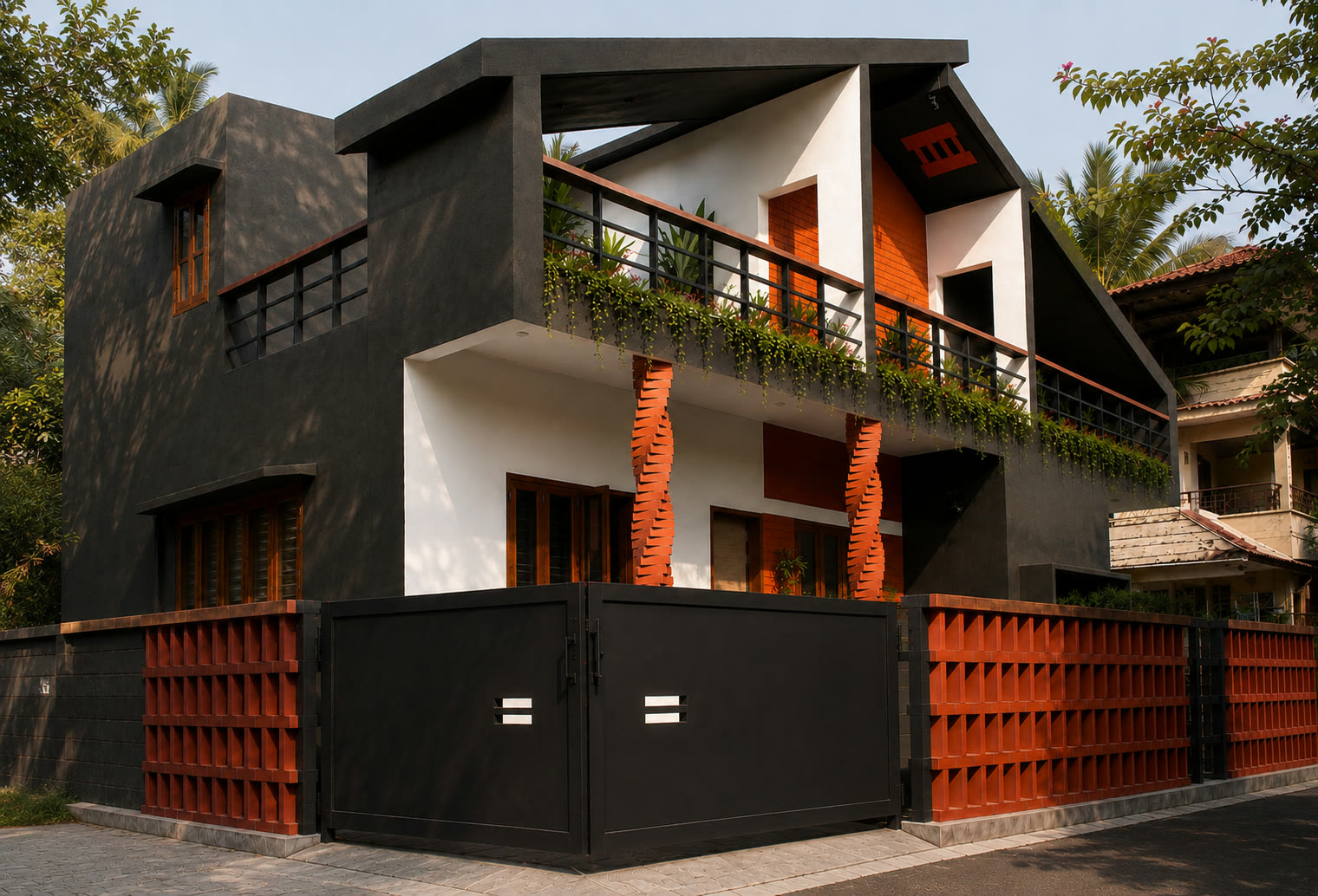 Ivy Villa street view with layered sloping roofs and brick screens