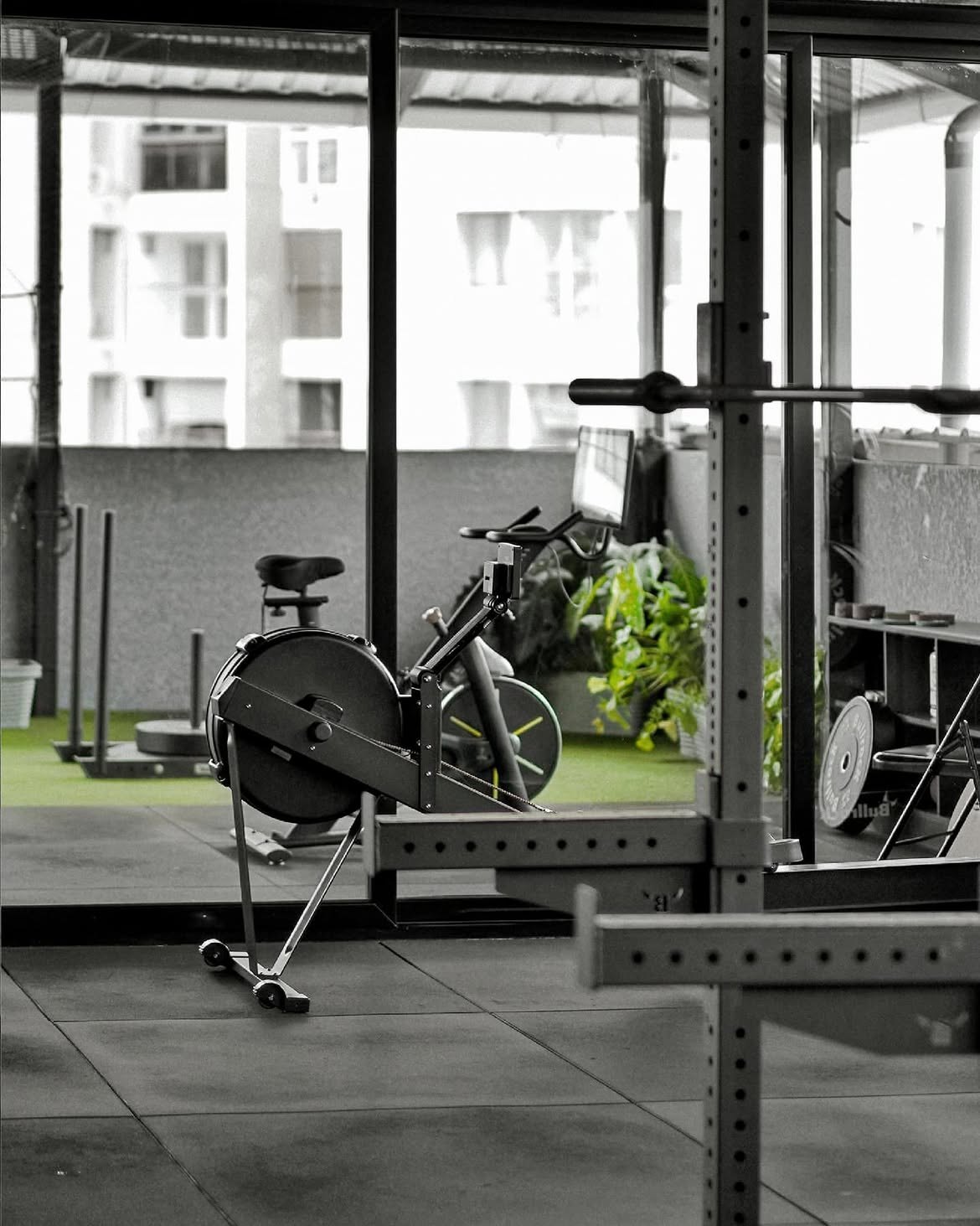 LIFT Studio training floor with strength equipment and garden light