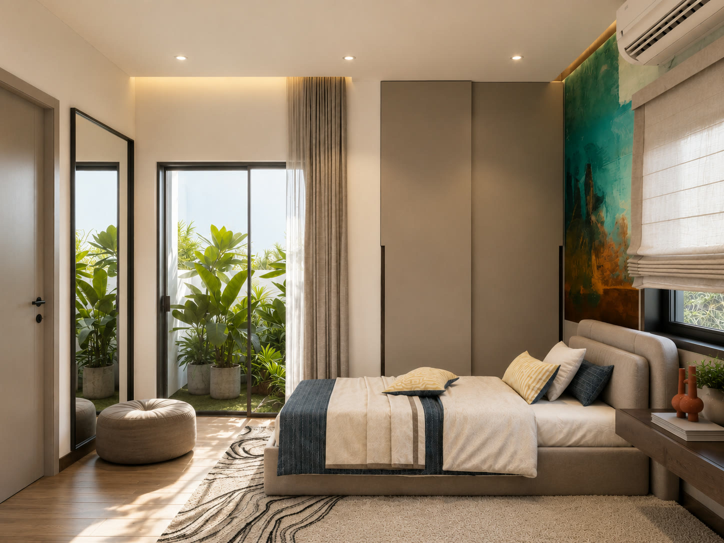 Maple Bay bedroom with blue and ochre accents