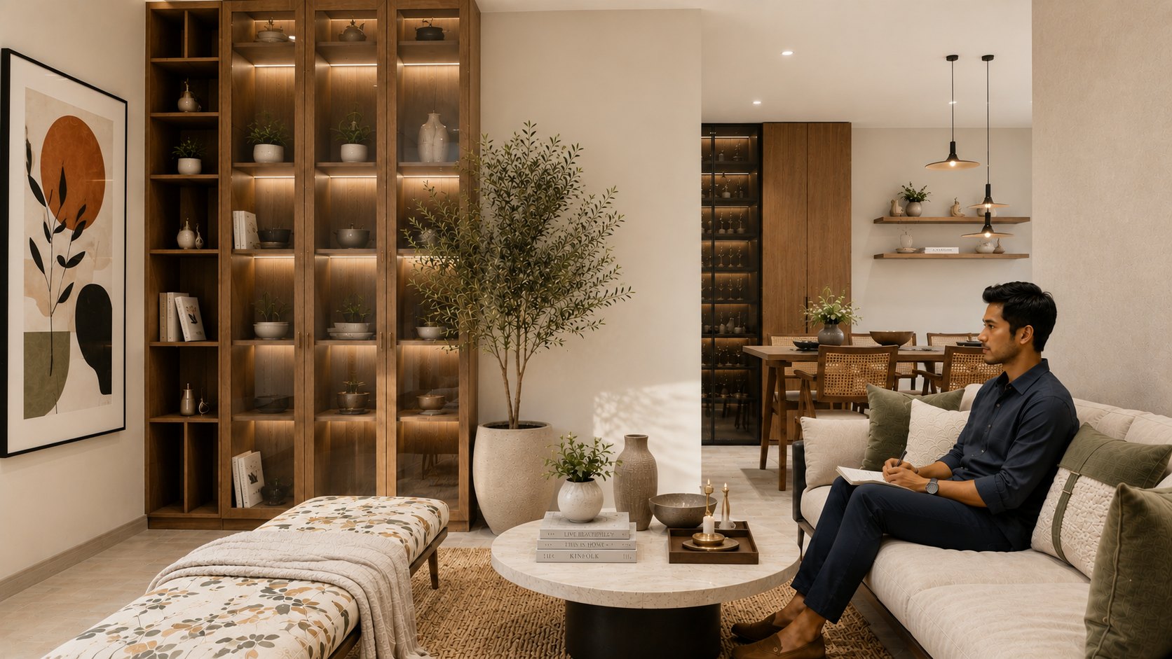 Maple Bay living room with warm neutrals, timber shelving, and soft daylight