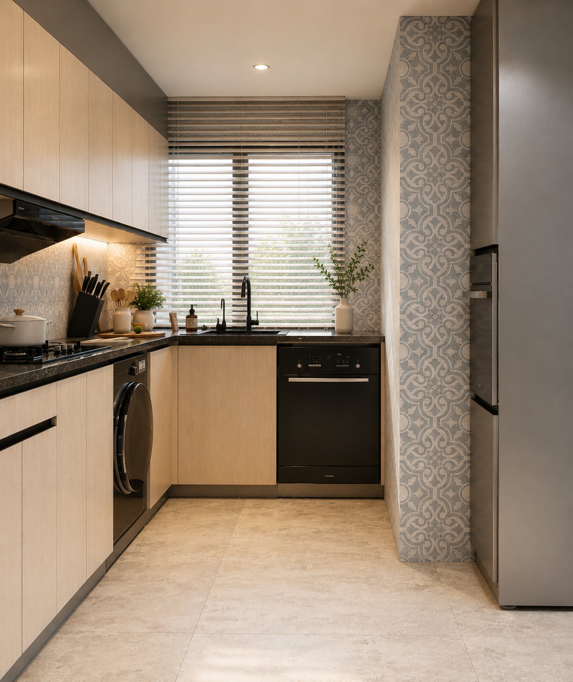 Maple Bay kitchen with pale timber cabinetry and patterned tile