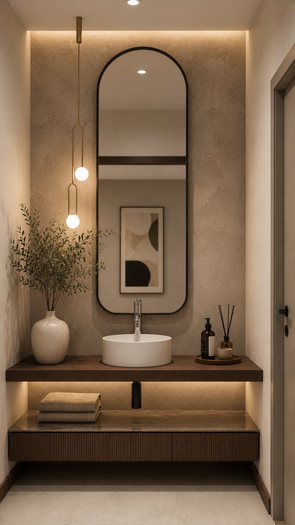 Powder-room niche with a tall arched mirror, floating wood vanity and slender pendant lights