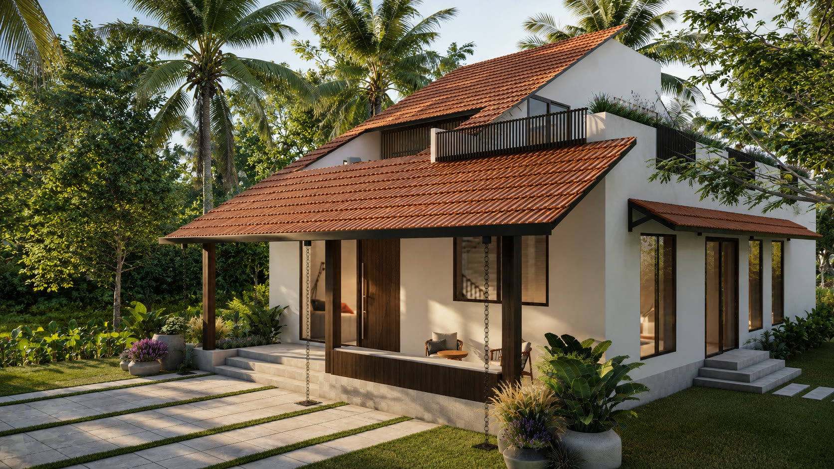 Modern Tharavadu residence beneath layered tiled roofs and coconut palms