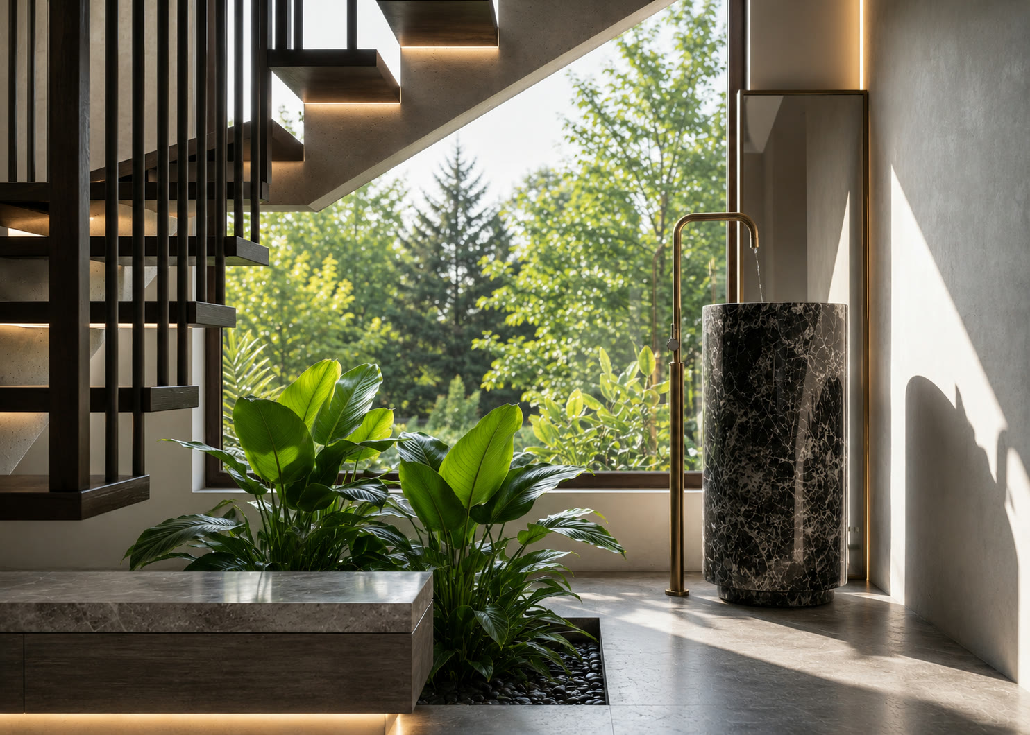 Modern Tharavadu courtyard beside a sculptural steel staircase