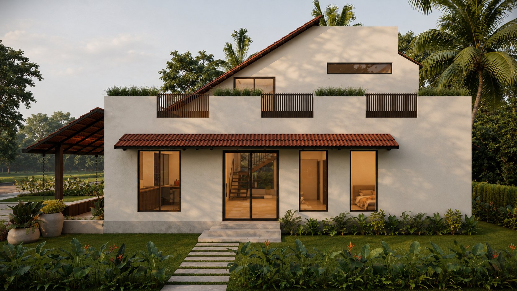 Garden-facing elevation of Modern Tharavadu with layered white volumes and clay-tiled roofs