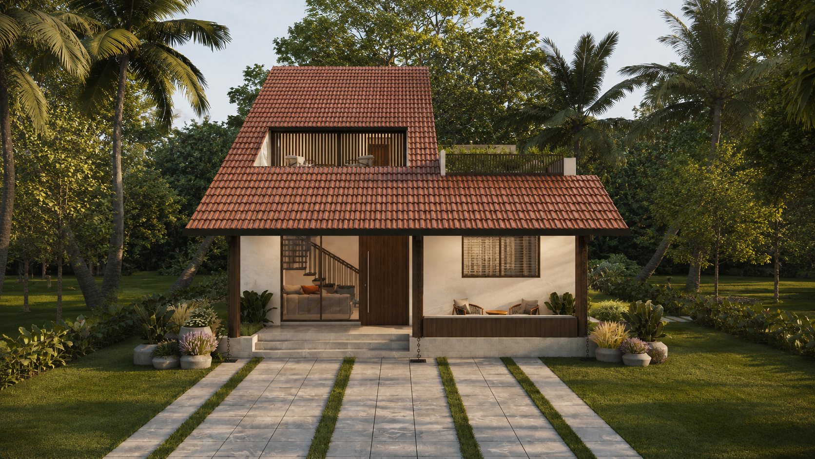 Symmetrical front elevation with a central wood door, deep tiled roof and planted forecourt