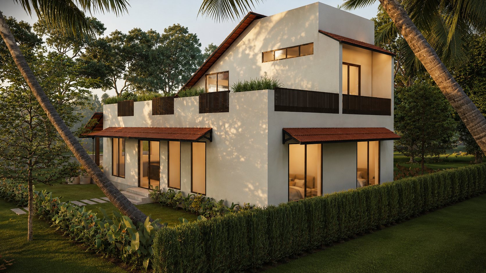 Rear corner with full-height glazing, black terrace rails and a hedge beneath coconut palms