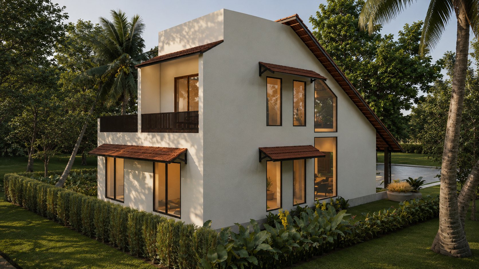 Tall gabled side elevation with narrow windows, black balcony rails and red tile awnings