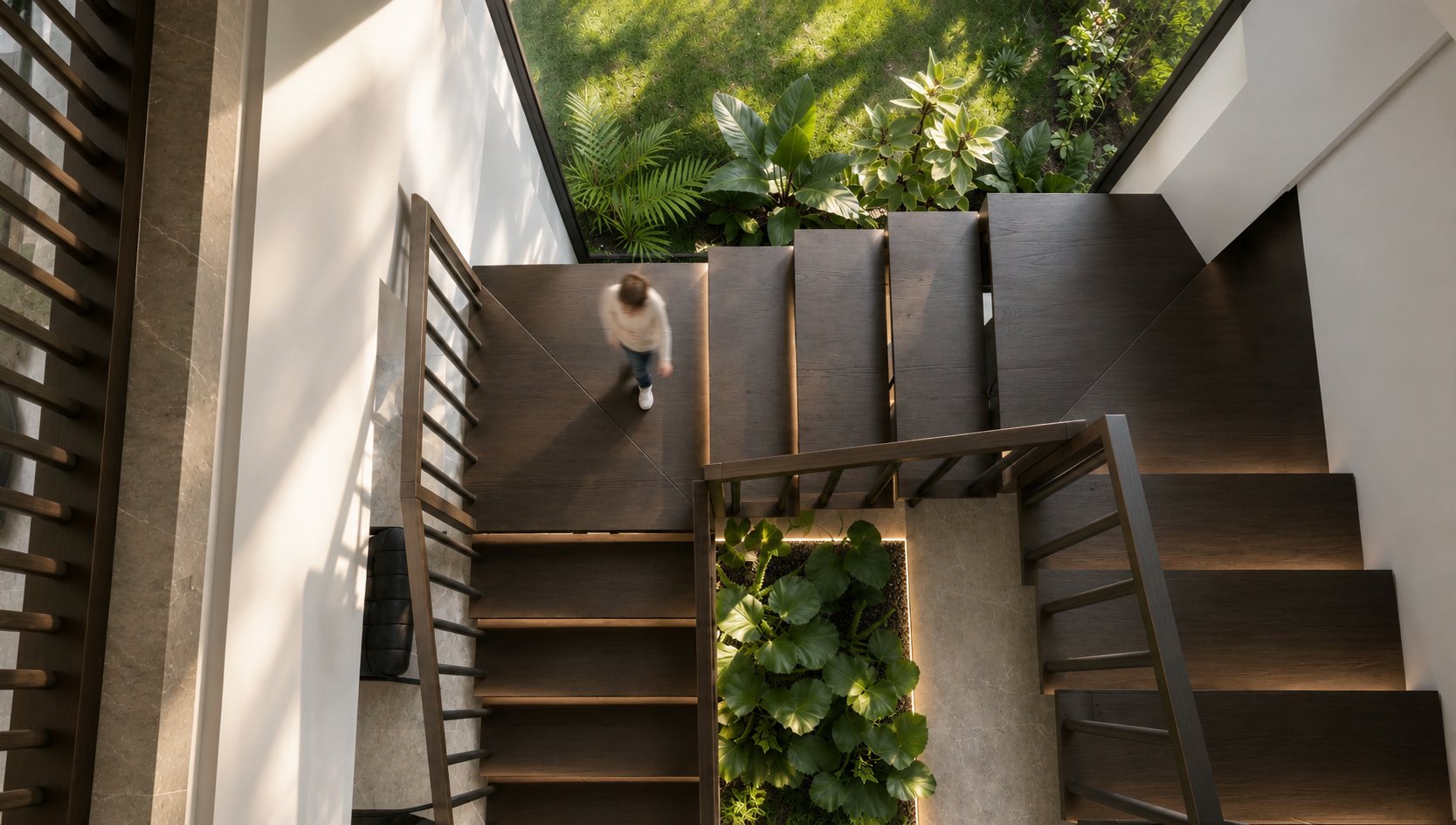 Top-down view of broad wood stair flights wrapped around a dense central planter