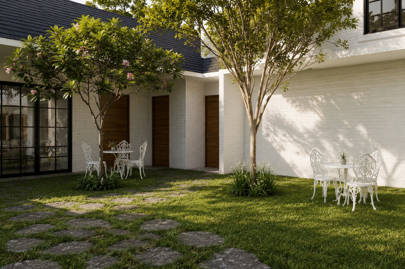 Serene Haven cottage courtyard shaded by a mature tree