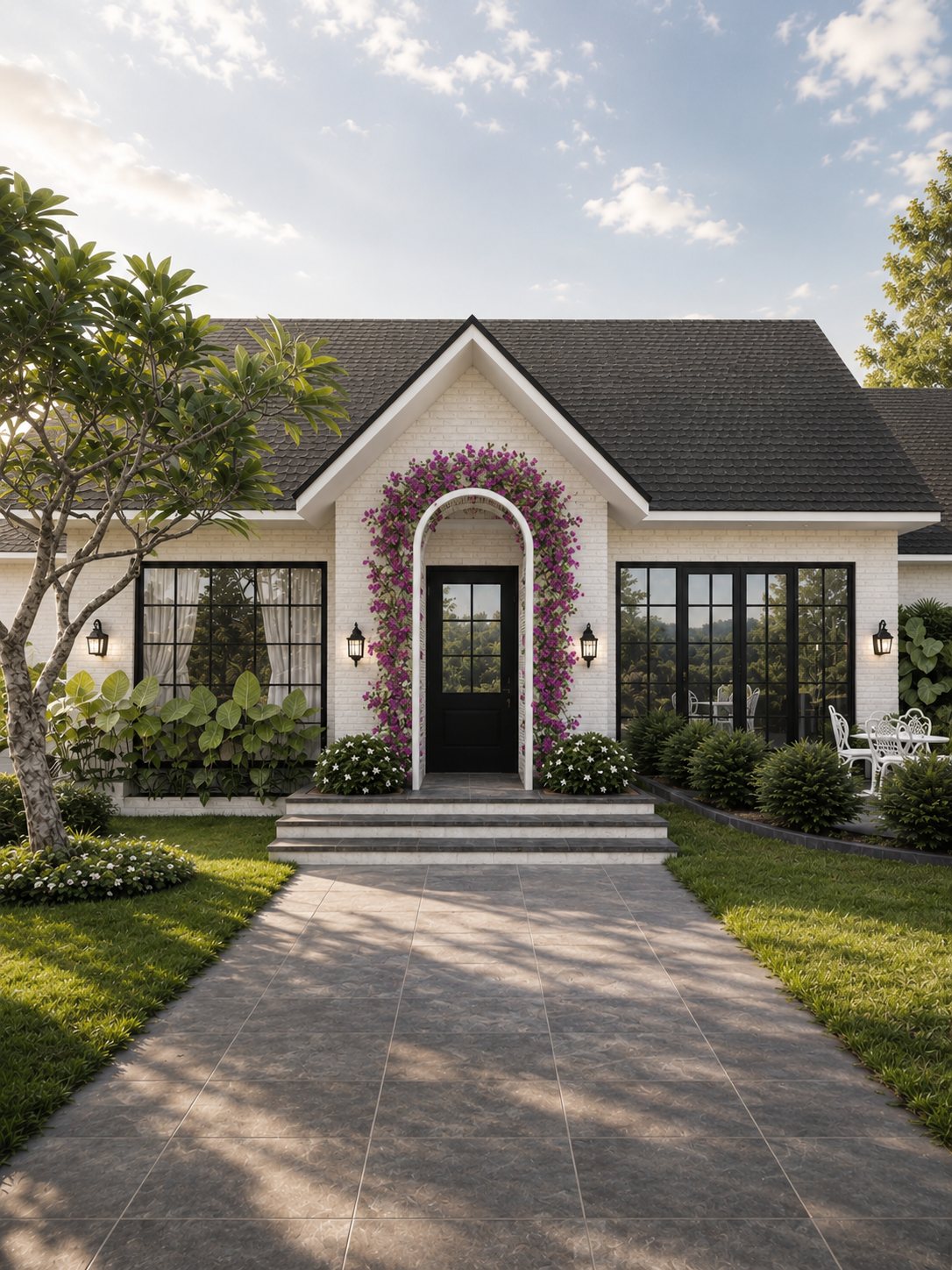 Straight approach to a black front door framed by a tall arch of purple flowers