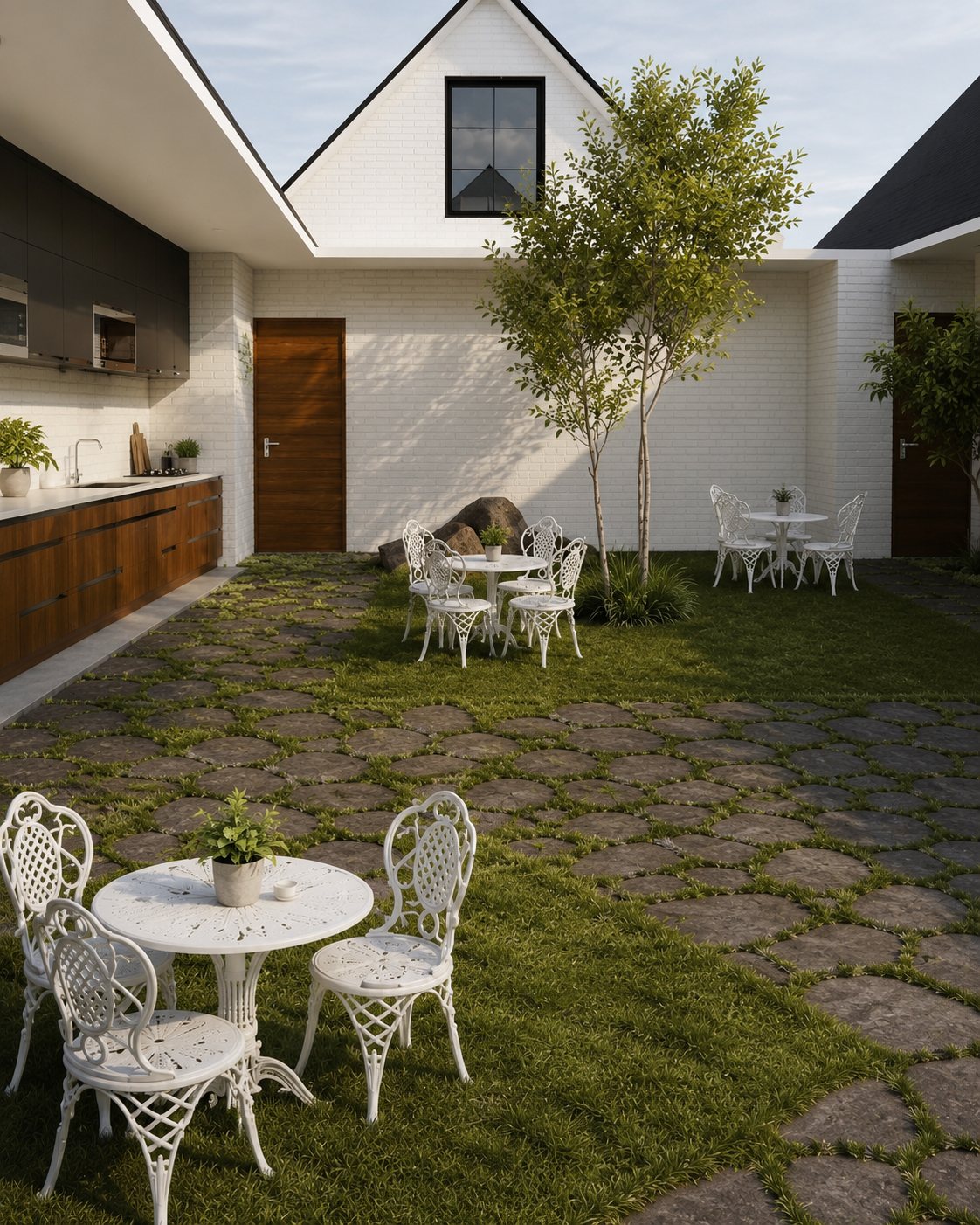 Wide lawn courtyard with white iron tables, a central tree and stone pavers between gabled wings