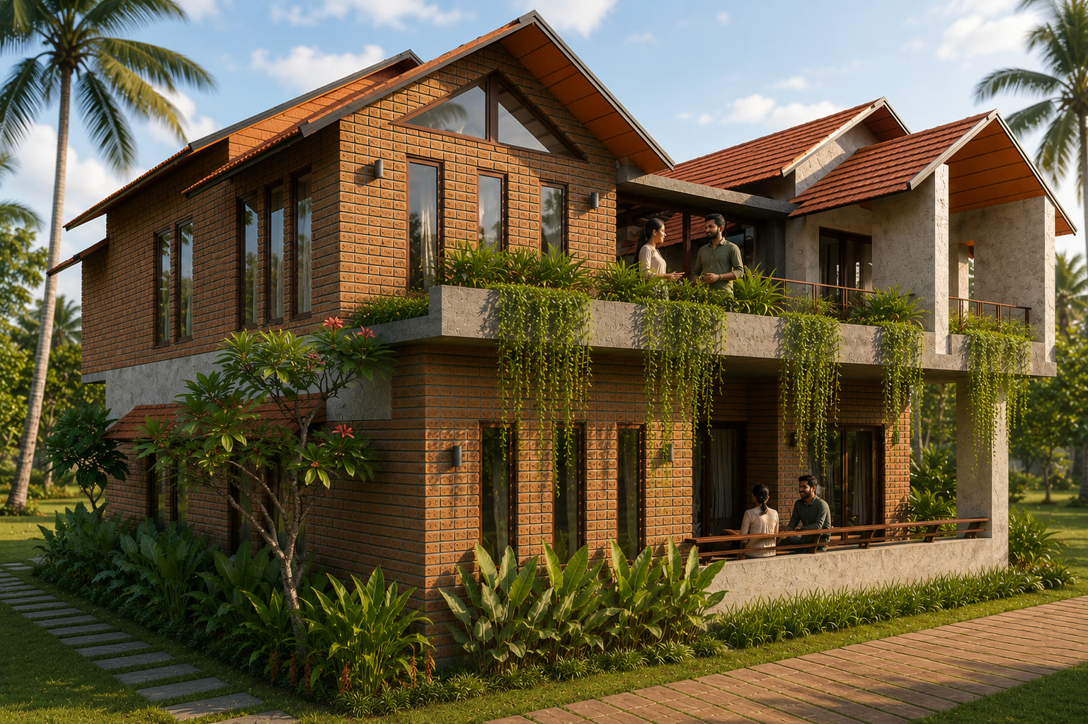 Stone Grove exterior with exposed brick, sloping roofs, and layered planting
