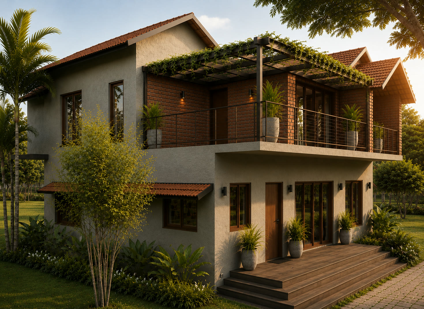 Stone Grove façade softened by trees and climbing plants