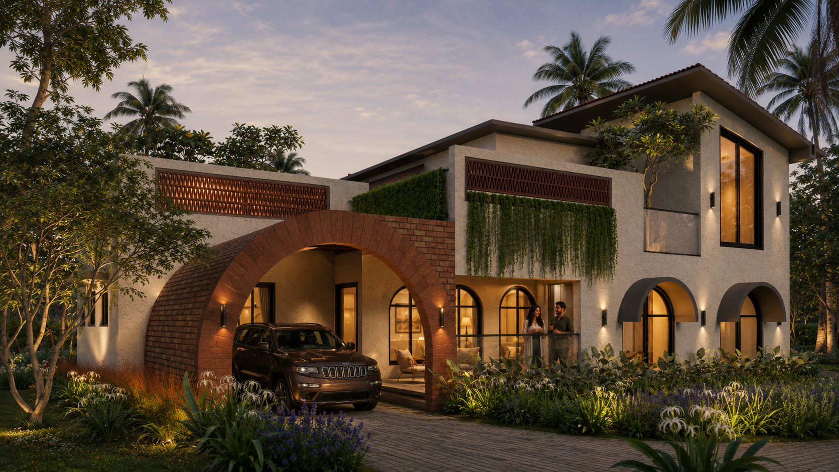 The Arched Home façade with deep brick arches at dusk