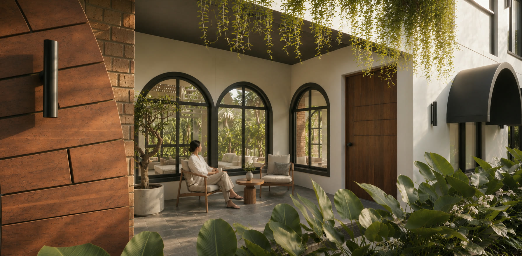 The Arched Home interior with brick walls and a sequence of arches