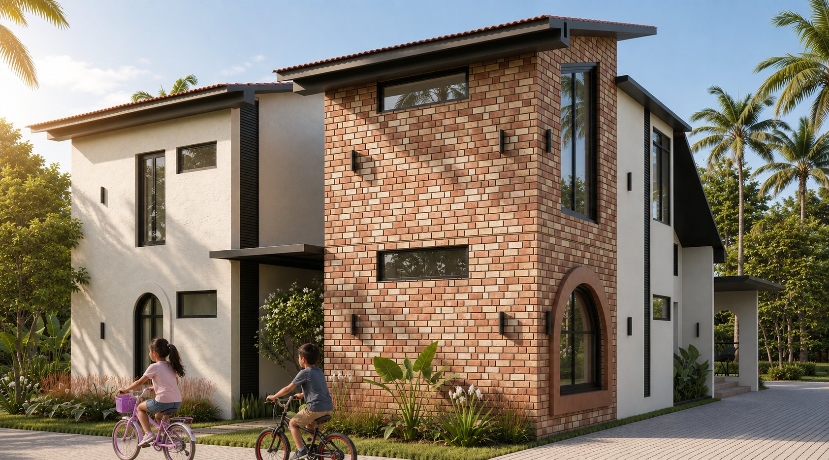 The Arched Home rear elevation with exposed brick and narrow arched openings