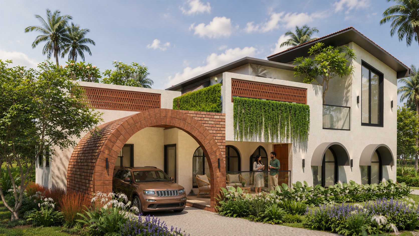 Daylight front view of the white home, brick carport arch and planted balcony screens