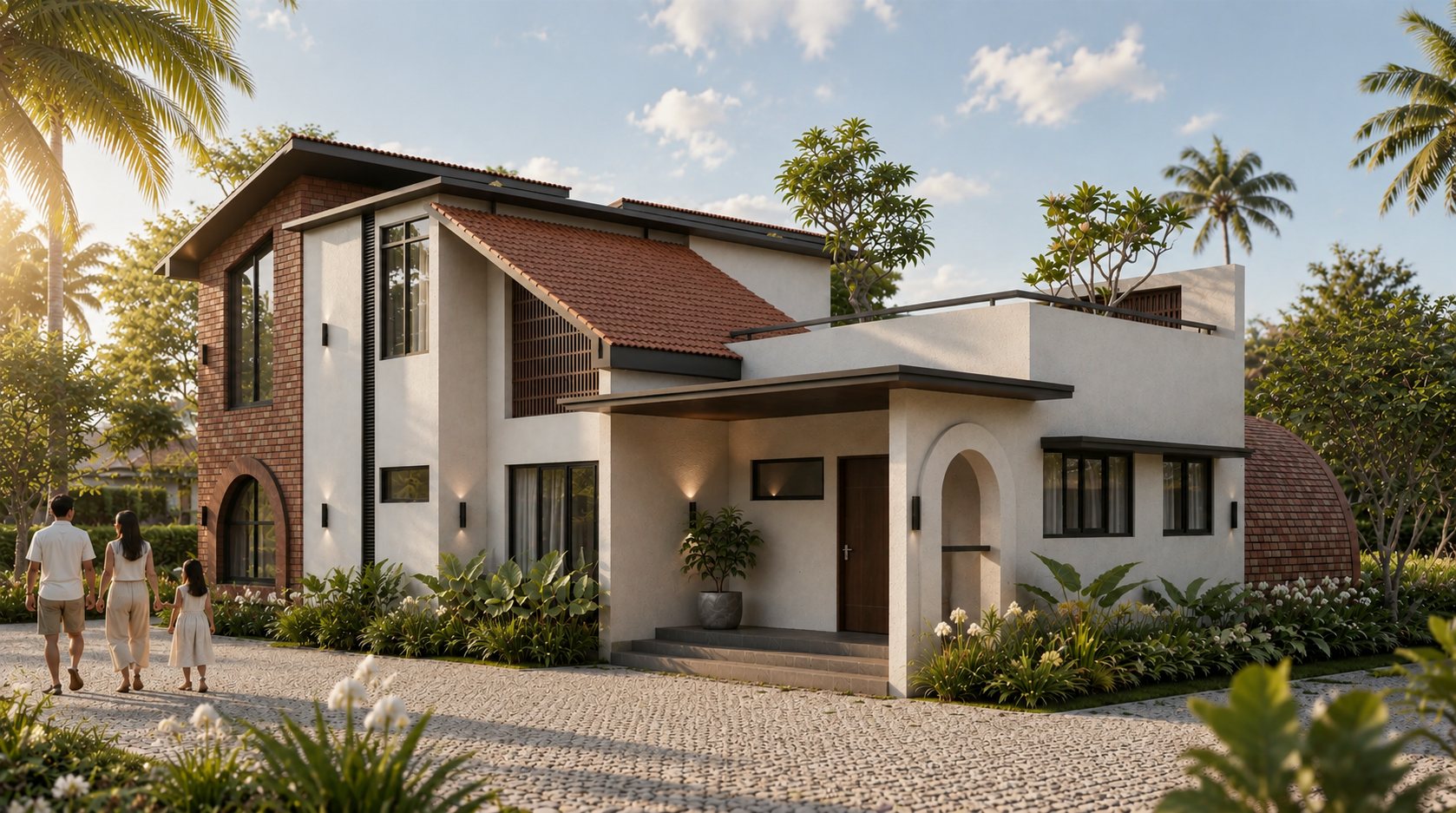 Family approaching a rear entrance where red brick, white plaster and arched openings meet