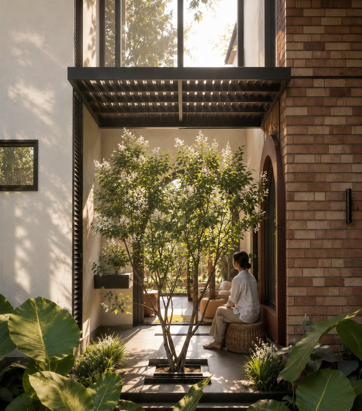 Seated woman in a narrow planted courtyard beneath a black metal grid canopy