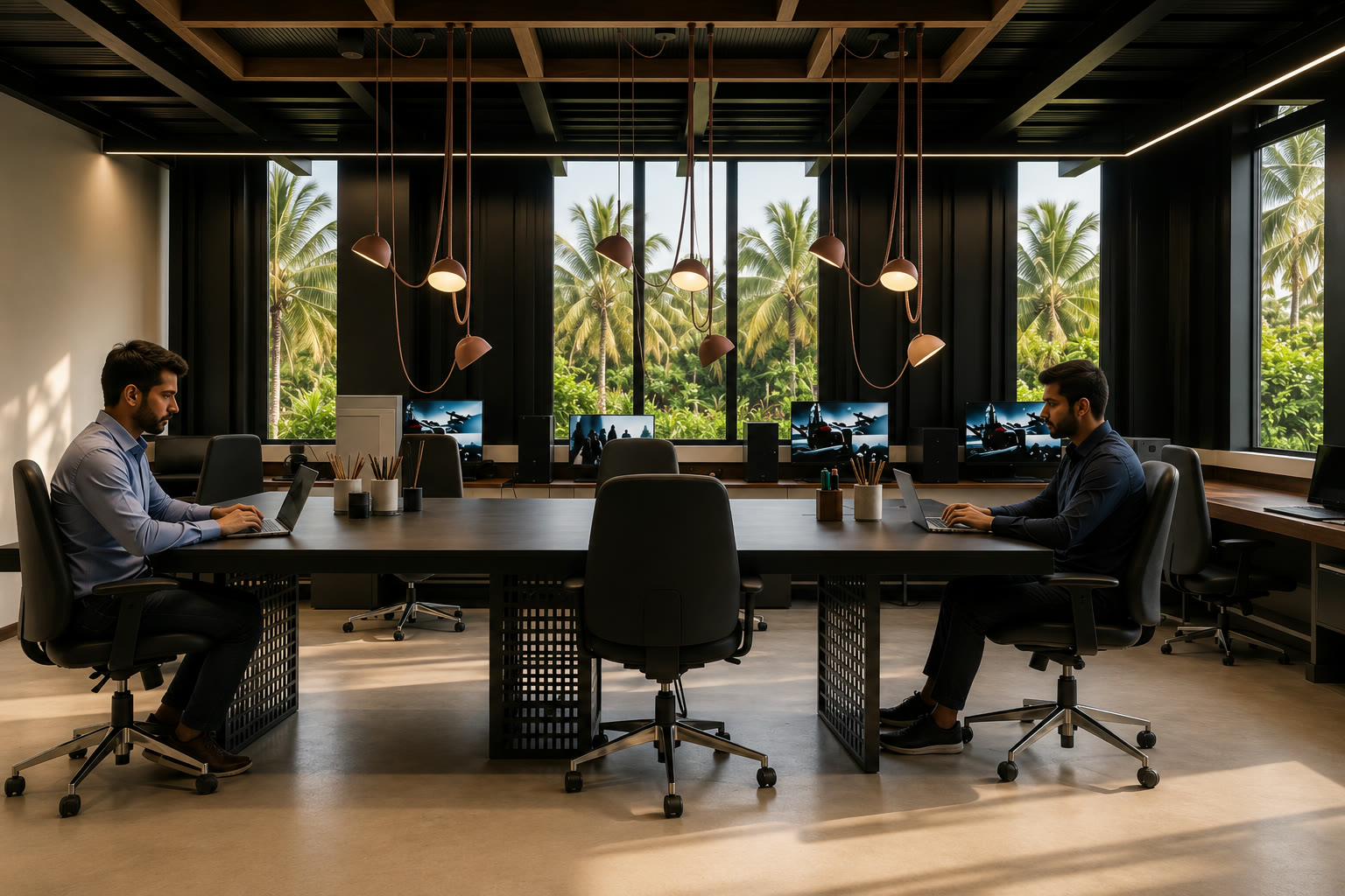 Urban Forge shared worktable beneath a dark ceiling grid