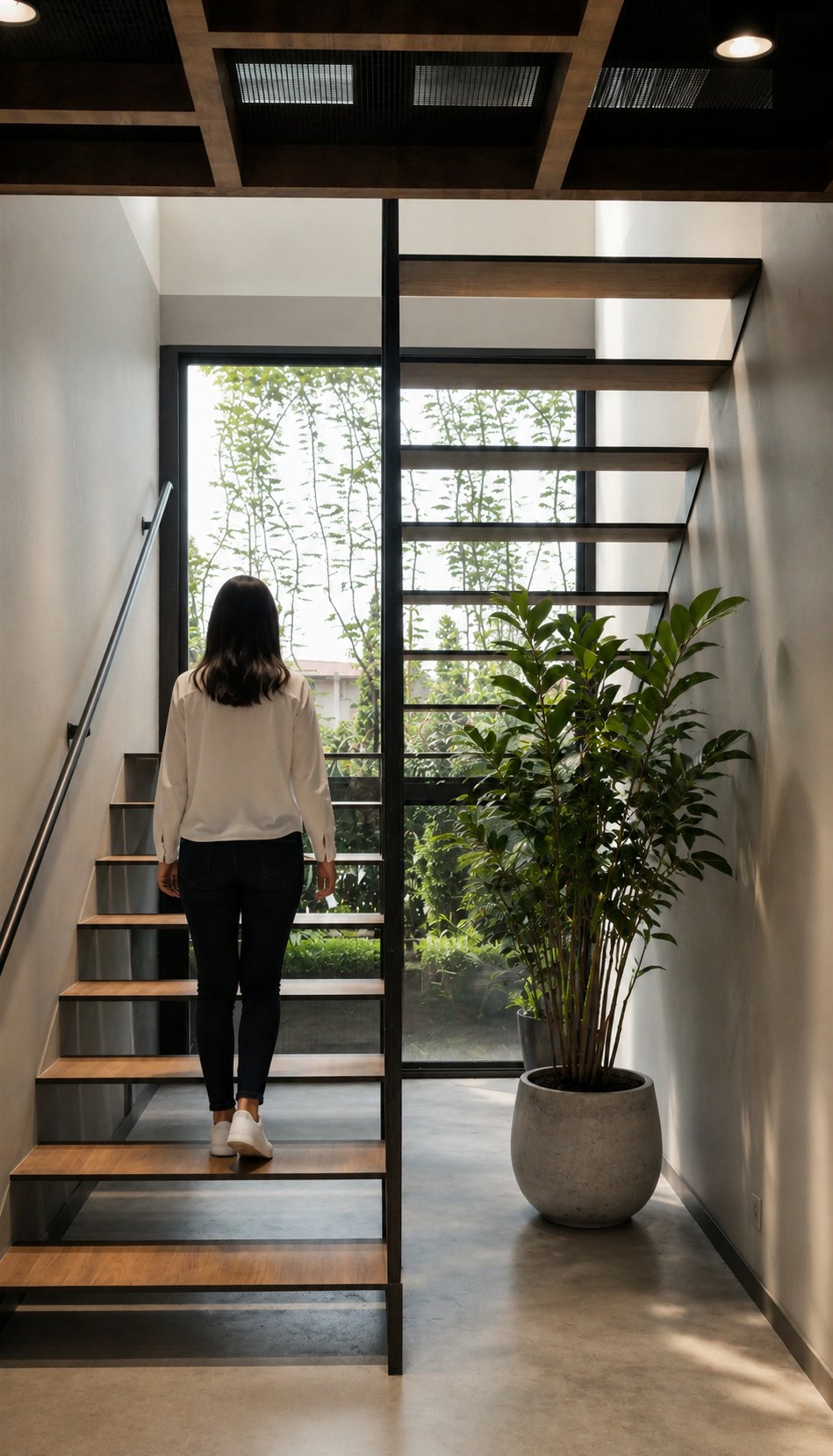 Urban Forge open-riser staircase beside a planted window