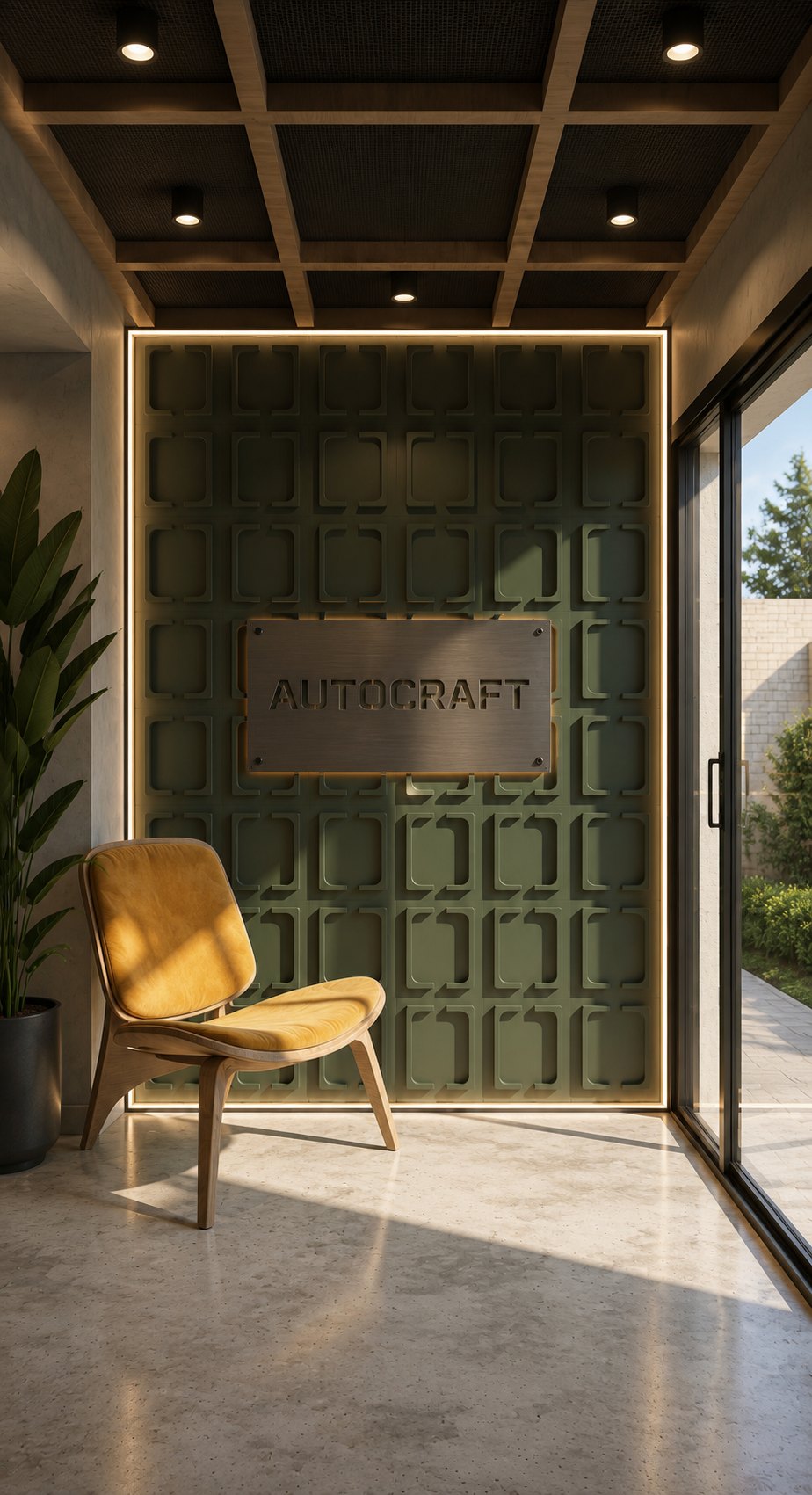 Urban Forge entrance with dark corrugated panels and a warm timber door