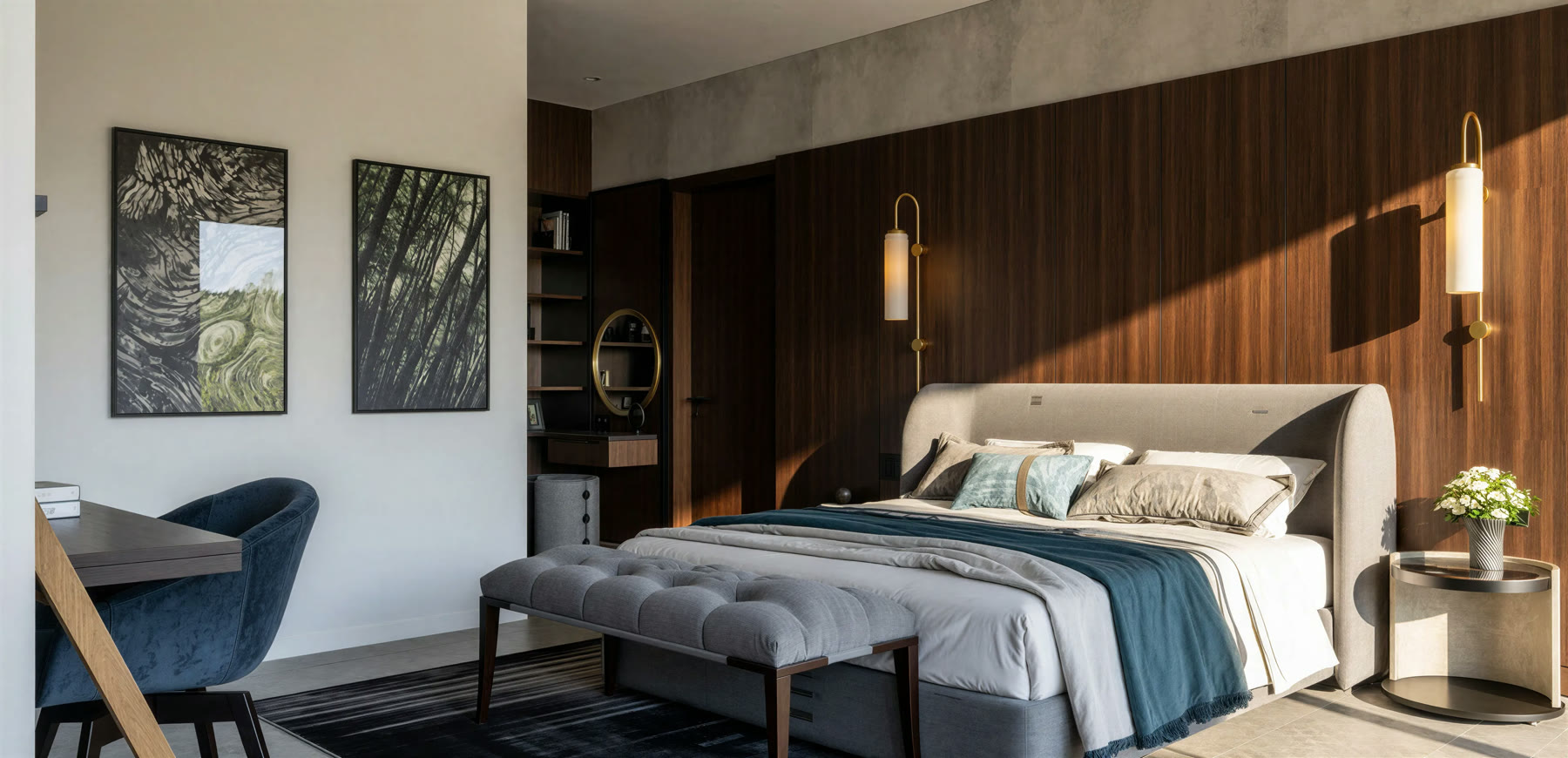 Wood Luxe bedroom with bespoke timber wall panels