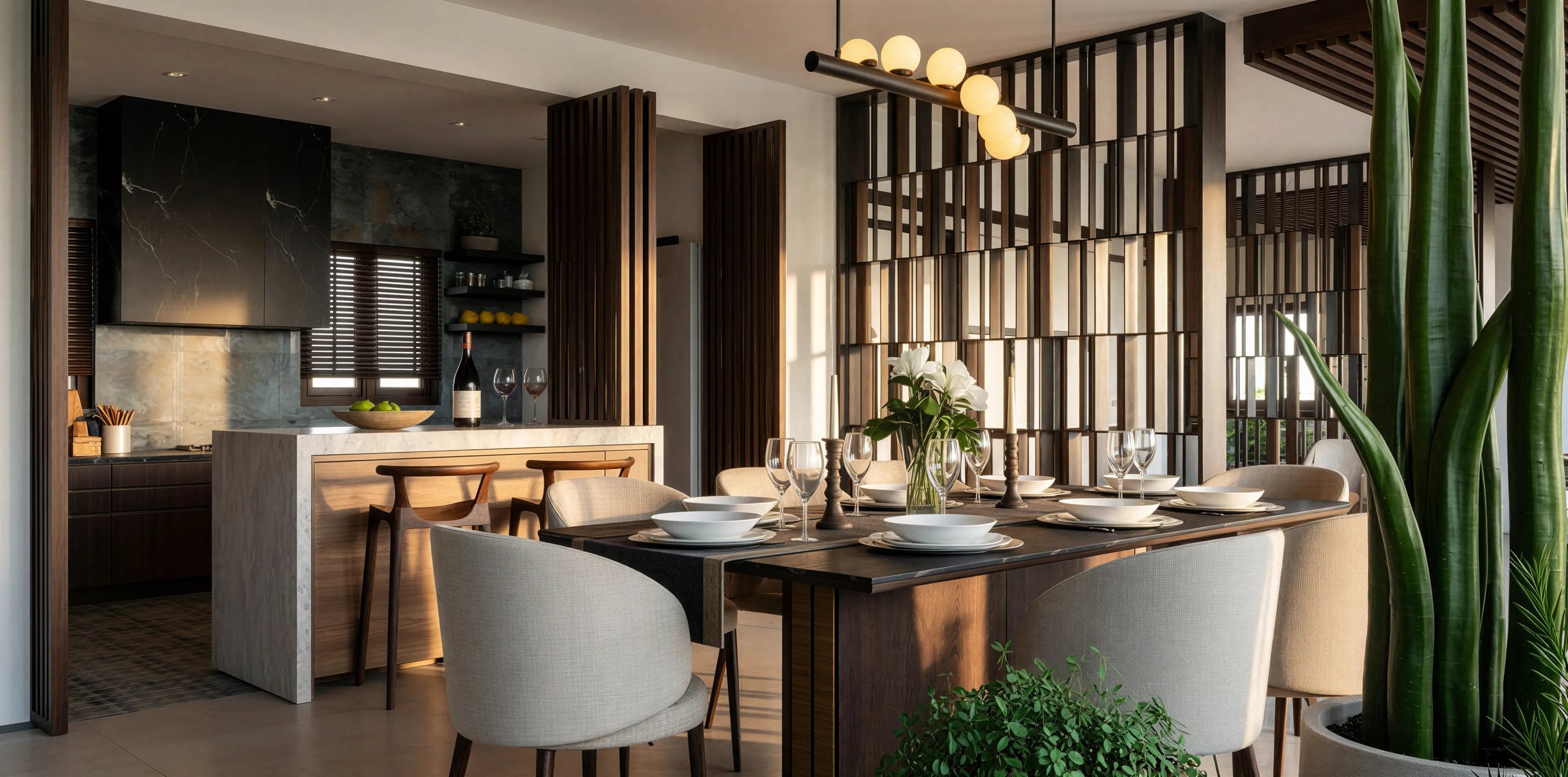 Wood Luxe open kitchen and dining space with timber screens