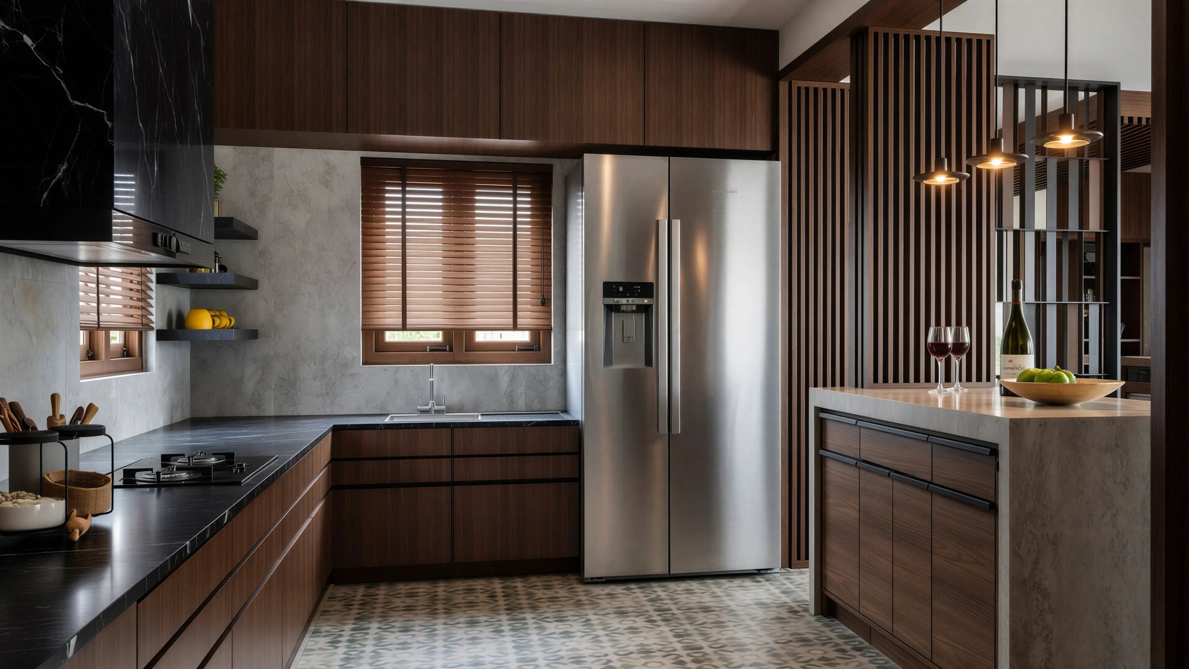 Walnut U-shaped kitchen with black counters, patterned flooring and a stainless steel refrigerator