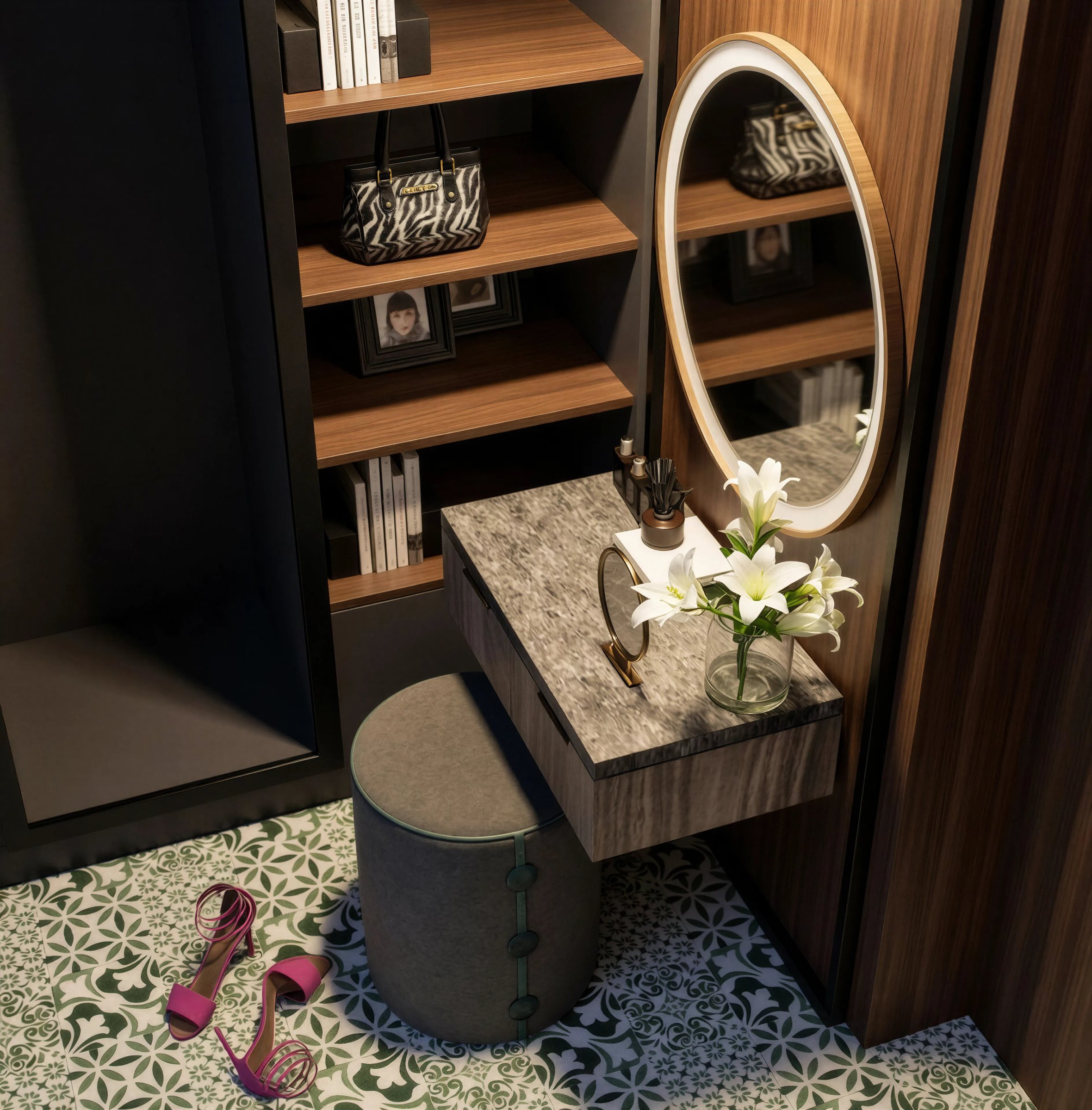 Compact dressing nook with an oval mirror, marble-topped vanity and patterned tile floor