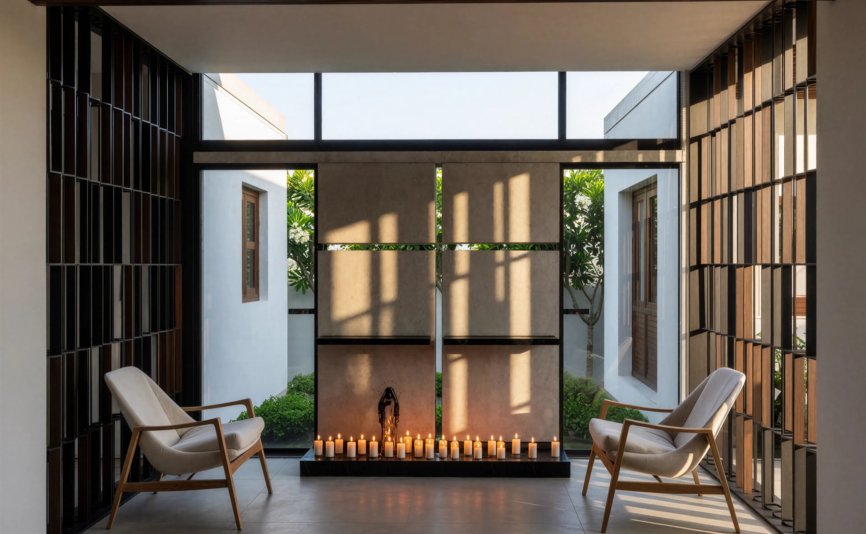 Wood Luxe prayer room framed by timber screens, filtered sunlight, and candlelight